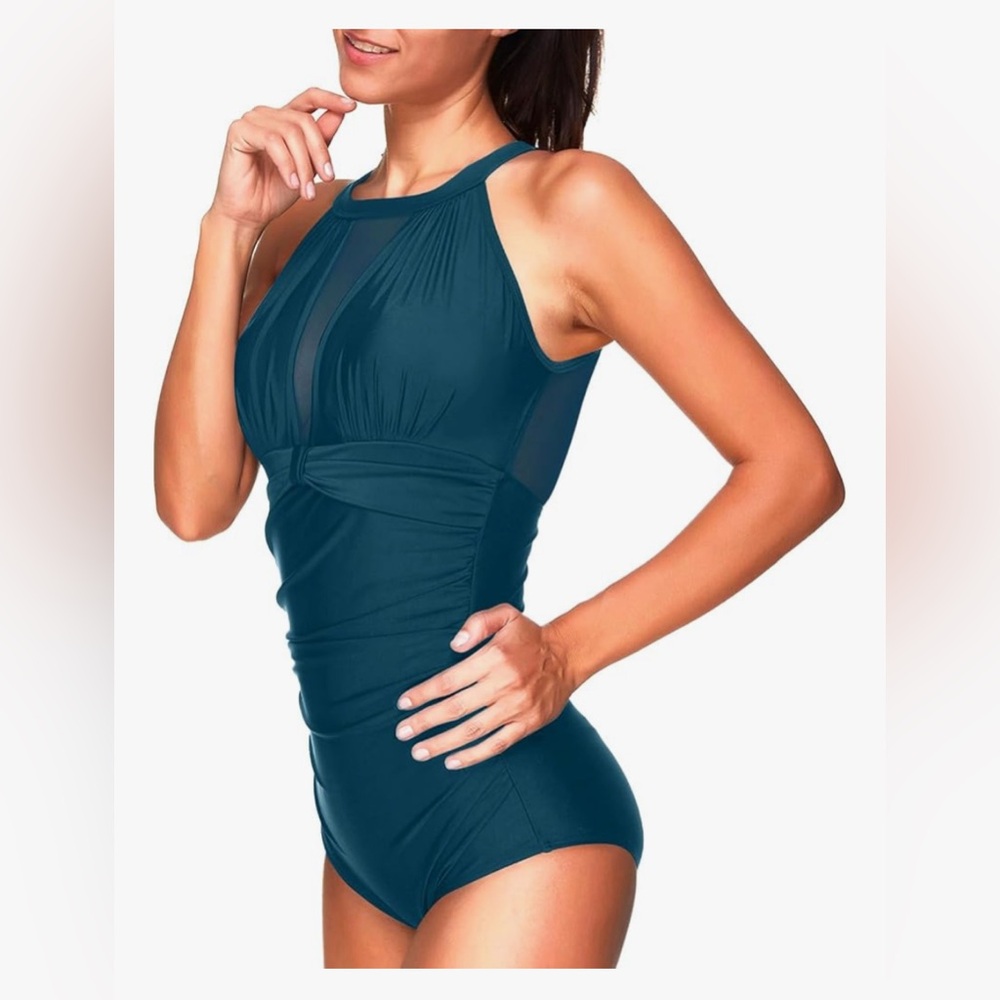 Tempt Me Teal One-Piece Swimsuit With Sheer Back Size 18W NWT - Picture 3 of 11